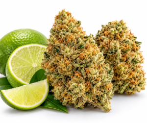 Fleur Super Lemon Haze indoor aux trichomes cristallins et arômes d'agrumes