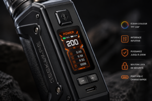 Vue de profil du kit complet GeekVape vape rechargeable avec écran TFT 1,08 pouce